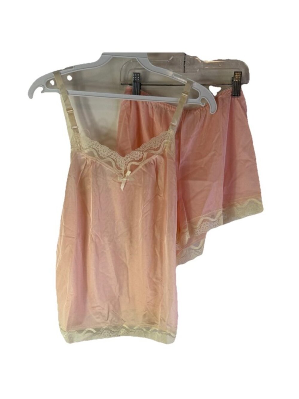 Deadstock VTG 80s Sheer Nylon Lace Pajama Set Shorts Top Pink Coquette
